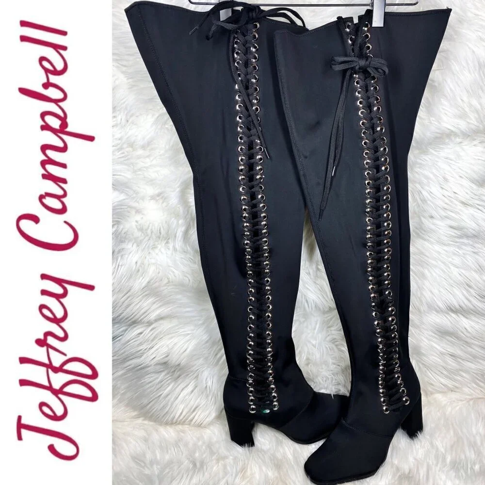NWOB JEFFREY CAMPBELL Black Elektra Corset Faux Leather Over The Knee Boots,‎ 6